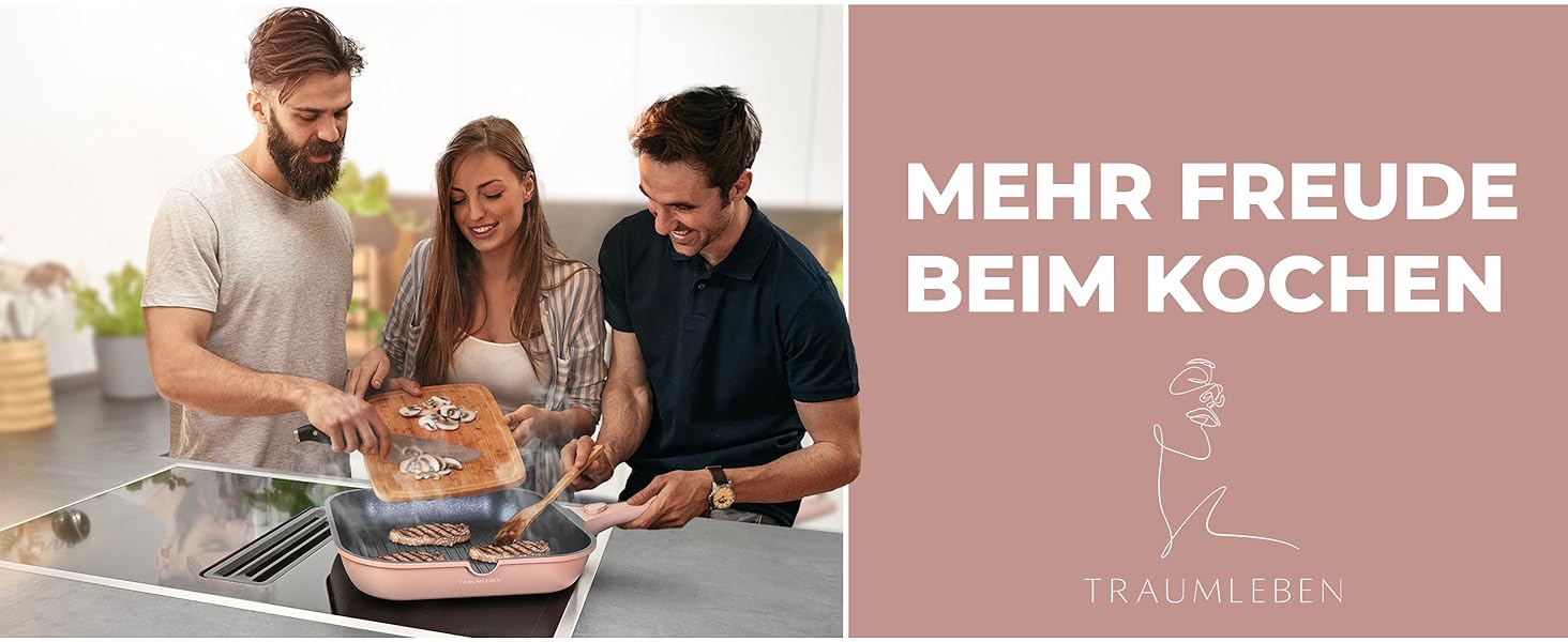 Гриль-сковорода NEU 28 см з виливом та знімною ручкою, антипригарна, без PFOA, для індукції, жаростійка, рожева