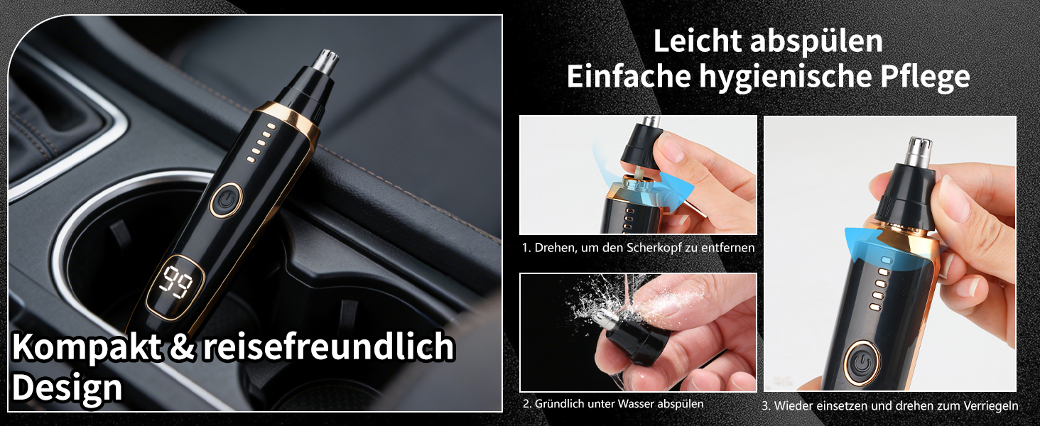 Триммер для носа, брів та вух LED з USB-C зарядкою, водонепроникний IPX7, чорний