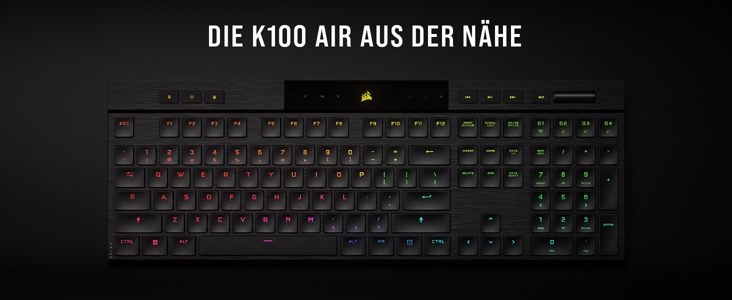Ігрова механічна клавіатура Corsair K100 Air Wireless RGB з перемикачами Cherry MX Ultra Low Profile, Bluetooth, QWERTZ DE, чорна