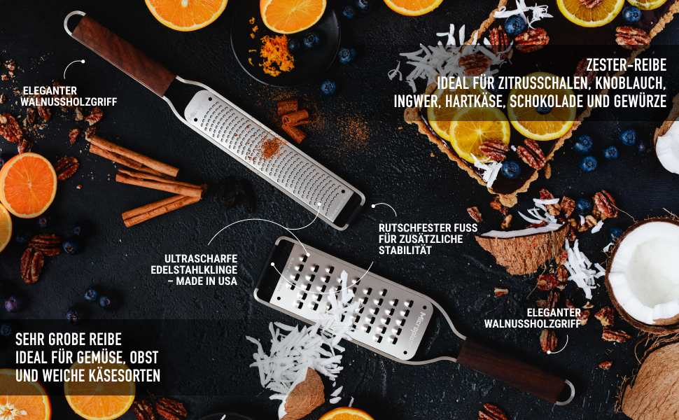 Microplane Набір терок Master Series (Zester та Extra-Grob) для цитрусових, твердого сиру, горіхів, картоплі, моркви та цукіні з ручкою з волоського горіха та лезами з нержавіючої сталі - Made in USA