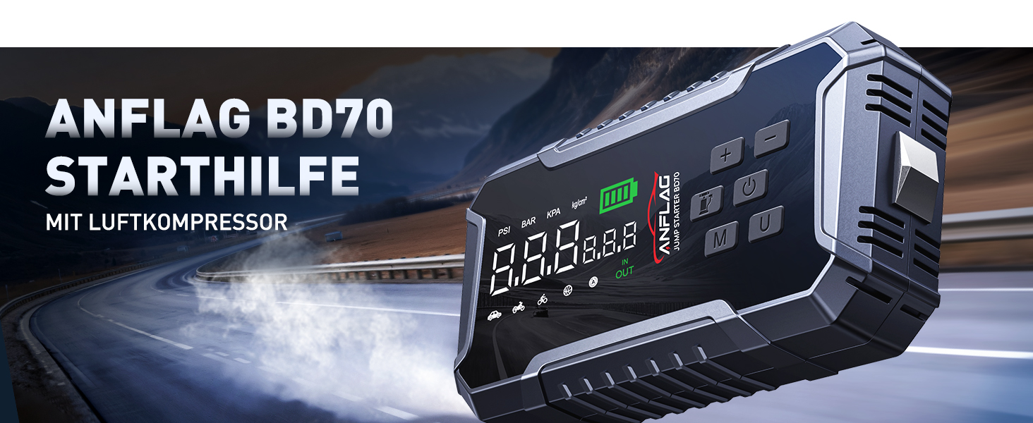 Портативний пусковий пристрій ANFLAG 7000A з компресором та LED-ліхтариком, 26800mAh, для бензинових та дизельних двигунів (до 12.0L)