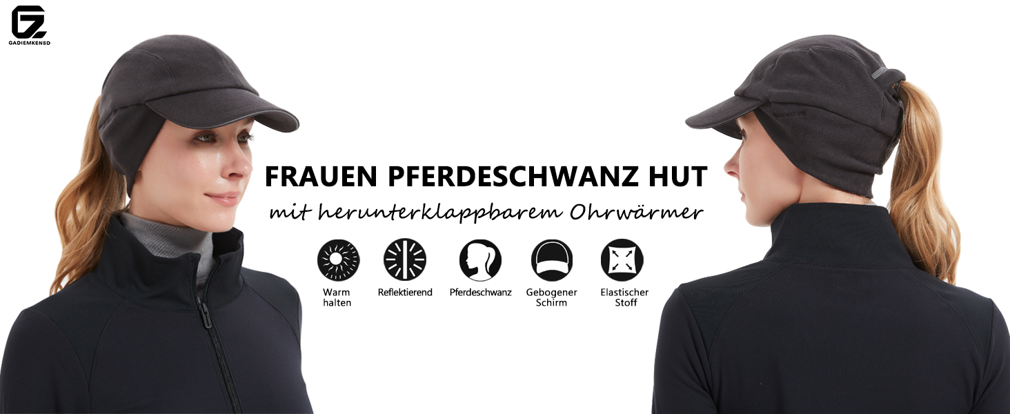 Жіноча зимова шапка GADIEMKENSD з відбиваючими елементами та мішком для хвоста, навушники-гетри, для активного відпочинку, чорна