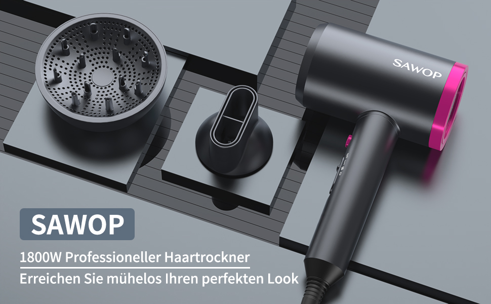 Фен Sawop з дифузором для кучерявого волосся, 1800 Вт, іонний, для жінок/чоловіків, сірий-чорний