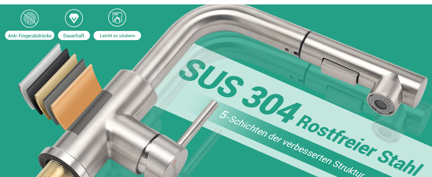 Кухонний змішувач Dayone з висувною лійкою, нержавіюча сталь SUS304, високий тиск, 2 функції, поворотна лійка 360°, L-подібна форма, G6808bn
