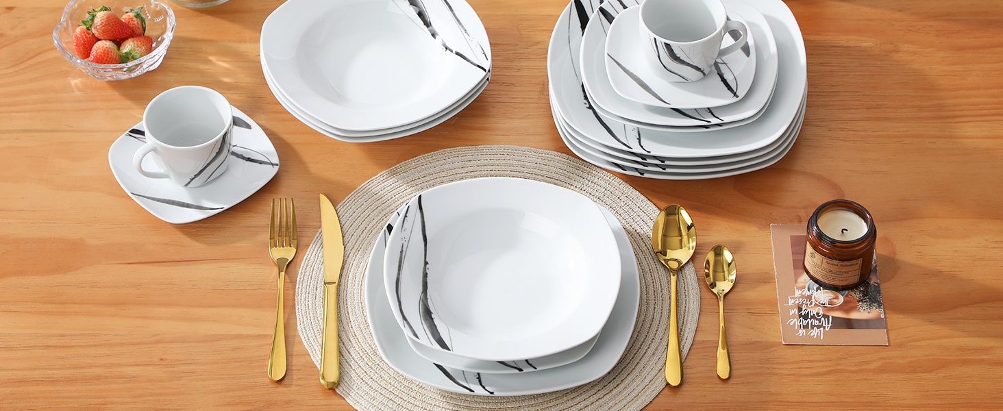 Набір посуду VEWEET FIONA (30 предметів): тарілки та миски для 4 осіб, чорно-сі лінії, для вечері, безпечний у мікрохвильовці та посудомийній машині