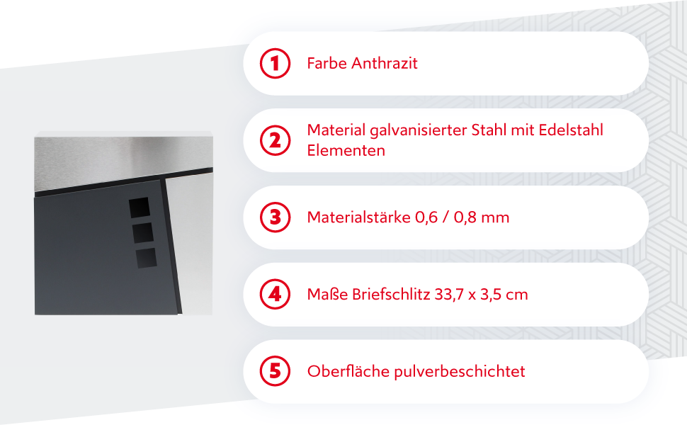 Поштовий ящик Wiltec Designer V24 антрацит/нержавіюча сталь 370x105x370 мм, настінний, з замком, оглядовим вікном та тримачем для газет
