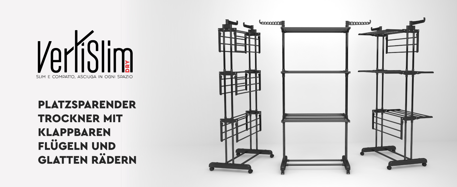 Сушарка для білизни VertiSlim складана, вежа з 4 рівнями, нержавіюча сталь, на колесах, чорна - для дому та вулиці