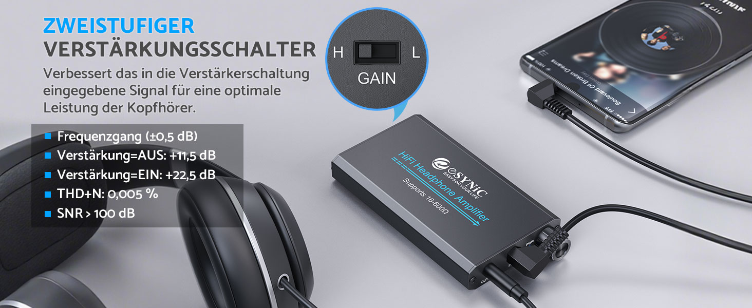 eSynic Підсилювач для навушників HiFi – портативний, з акумулятором 1000mAh, для MP3/MP4/Smartphone/PC, 16-600 Ом, 3.5mm AUX, алюмінієвий корпус