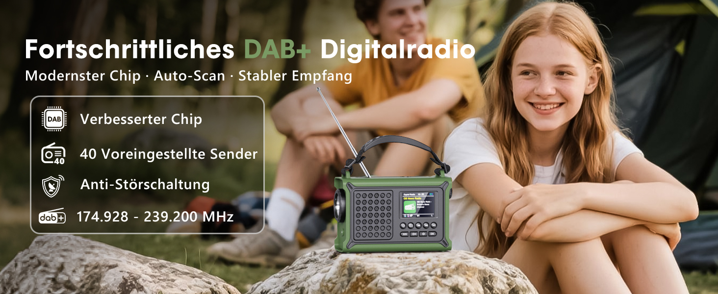 ROCAM Портативне радіо DAB+ з Bluetooth, 12000mAh, радіо з ручкою, сонячна панель 8500мм², 650mA, DAB/UKW, 2.4' дисплей, 80 станцій, LED ліхтарик, USB, SOS, IPX6, для надзвичайних ситуацій, зелене