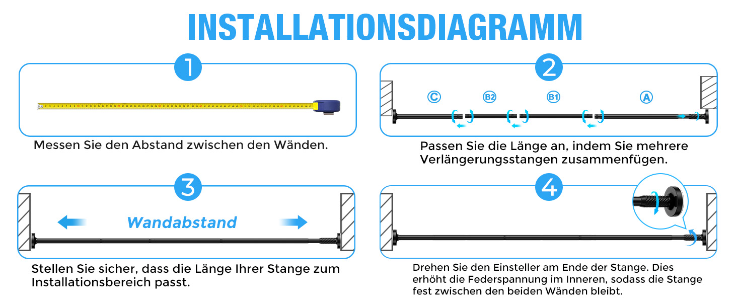 Штанга для штор без свердління AIZESI 100-230 см, Ø 25 мм, телескопічна - для вікон, душу, балкону (чорний)