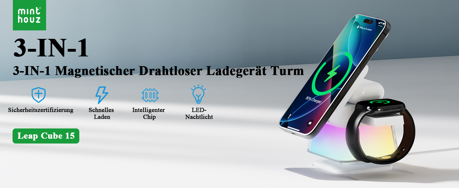 Бездротова зарядна станція 3-в-1 Minthouz Leap Cube 15, швидка зарядка 15W Qi, підставка з багатокольоровою підсвіткою для iPhone 16, 15, 14, 13
