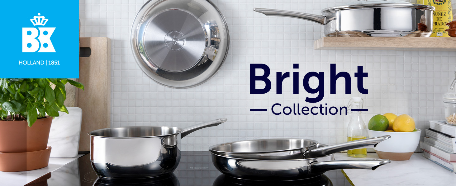 BK Bright Сковорода з нержавіючої сталі 24 см, Cool Grip, професійне приготування, 18/10, індукція, до 230°C, антипригарне покриття, срібна