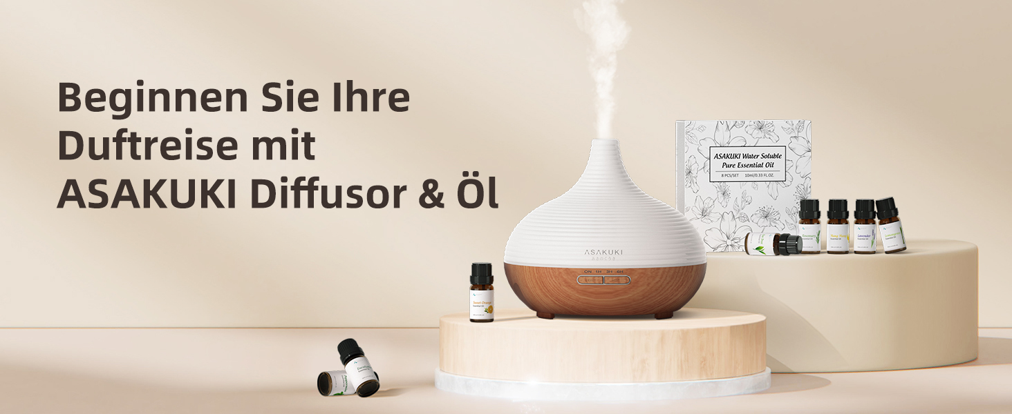 ASAKUKI Дифузор для ароматерапії 300мл, ультразвуковий зволожувач повітря з LED-підсвіткою, для дому, офісу, спа (колір: коричневий, з набором олій)