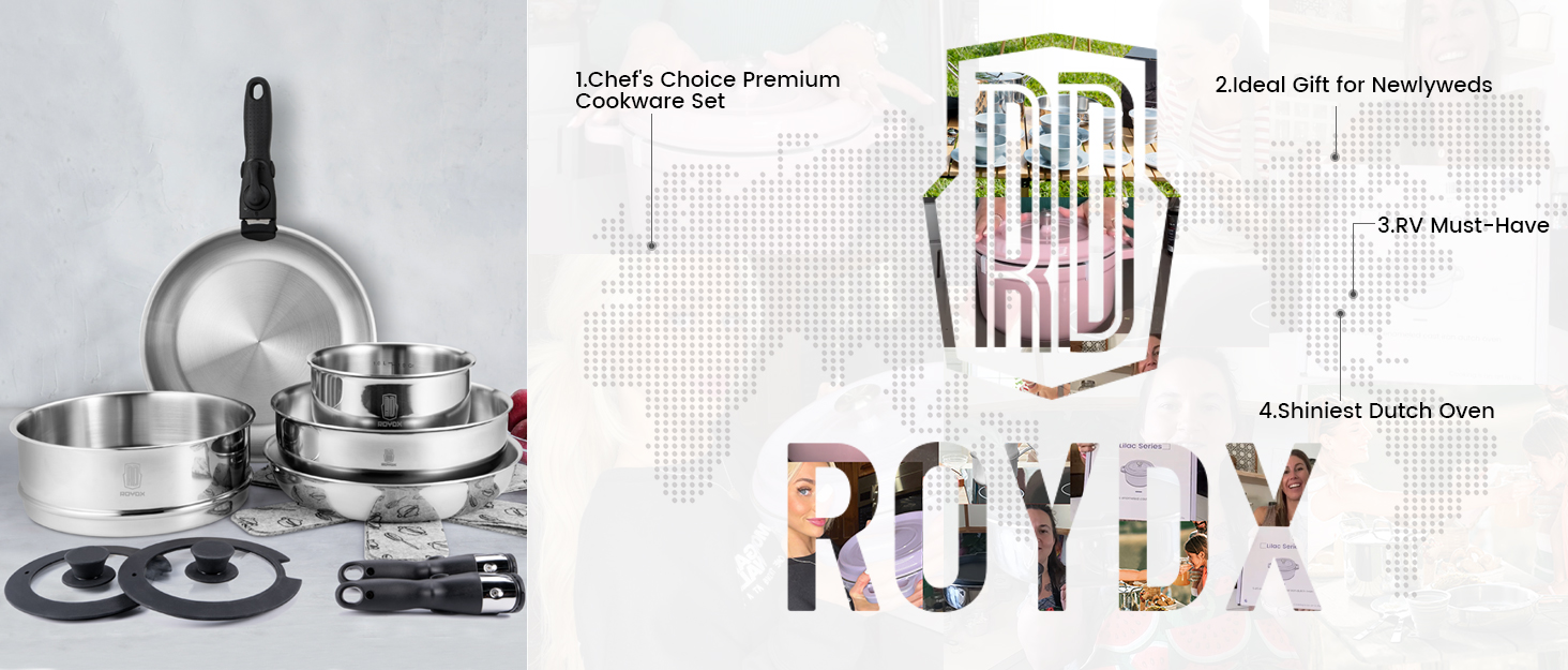 Набір каструль та сковорідок ROYDX з нержавіючої сталі 18/10 з знімними ручками, набір для індукційних плит, стікений, з кришкою, без PTFE PFOA, 10 предметів, придатний для миття в посудомийній машині та духовці