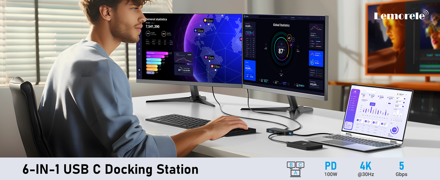 Lemorele Док-станція USB C з хабом Dual HDMI, 2025 Upgrade, 2*HDMI, 3 USB 3.0/2.0, PD 100W, сумісна з Windows, MacBook, Dell, HP, Surface