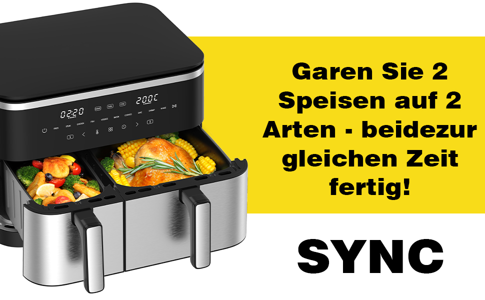 Фритюрниця повітряна подвійна 11л Airfryer, XXL фритюрниця з 2 кошиками, 7л/4л, для основного та гарніру одночасно, 2600W, 10 програм, сенсорний екран, нагадування про струшування