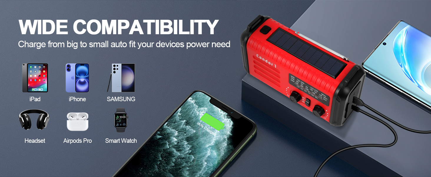 Радіо Kurbelradio на сонячній енергії 20000mAh з AM/FM, SOS-сигналом, LED-ліхтариком та USB-зарядкою, червоне