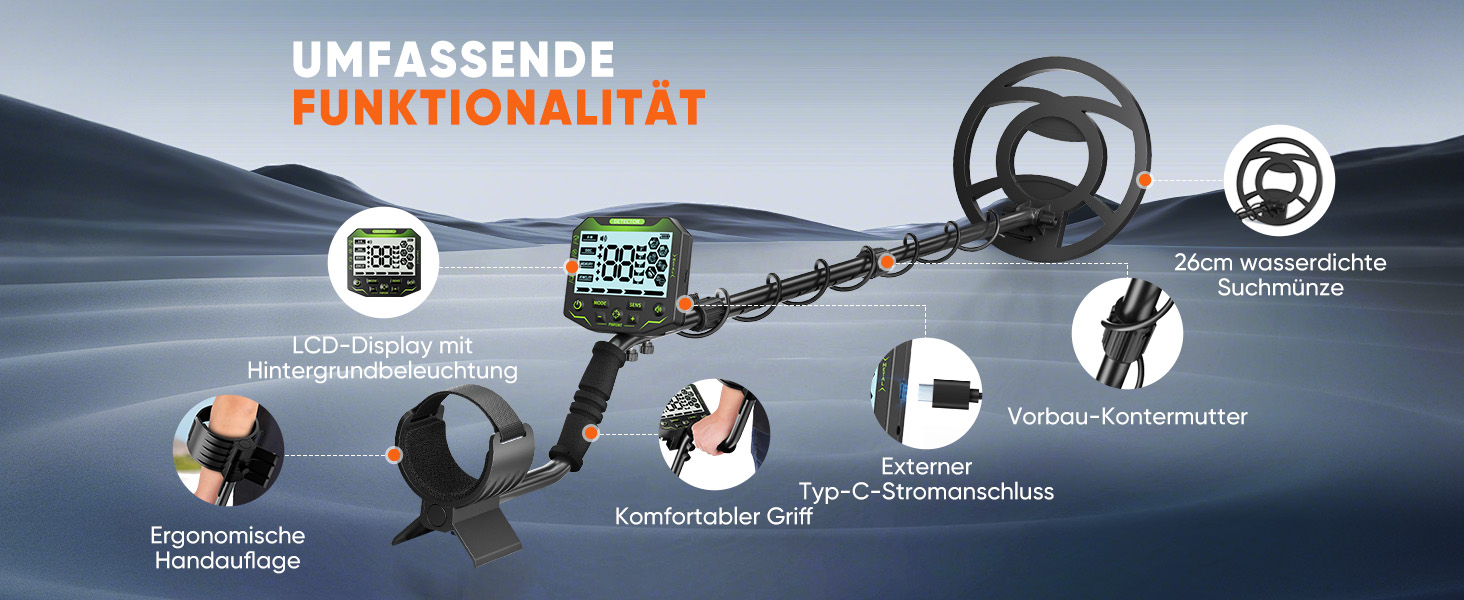 Металодетектор високоточний, регульована довжина 113-141 см, 5 режимів, акумуляторний, професійний з LCD-дисплеєм, водонепроникна котушка IP68 для дорослих та дітей (зелений)