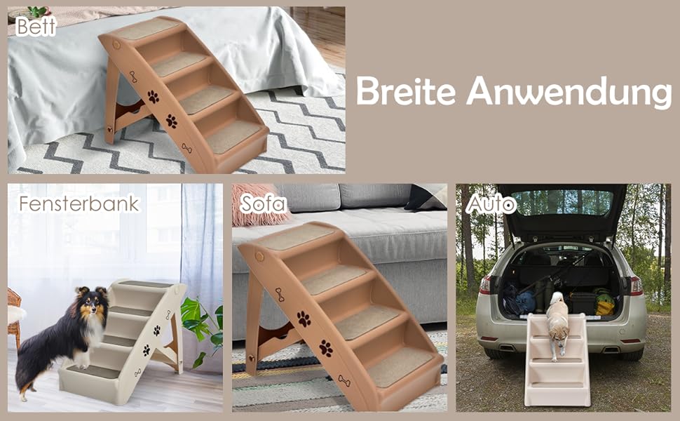 COSTWAY 4-Step Pet Stairs with Carpet, Dog Stairs Plastic Cat Stairs Foldable, Portable Dog Ramp Pet Stairs for Dogs and Cats, Pet Ramp for Climbing and Scratching (Beige)
