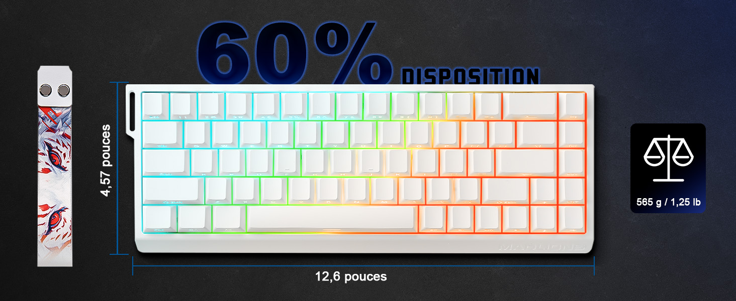 Механічна ігрова клавіатура YUNZII MADLIONS MAD68 з провідним підключенням, 60% розмір, Hall Effect перемикачі, регульована чутливість, PBT клавіші, RGB підсвічування, 8K polling rate (біла, перемикач Magnetic Amber Pro)