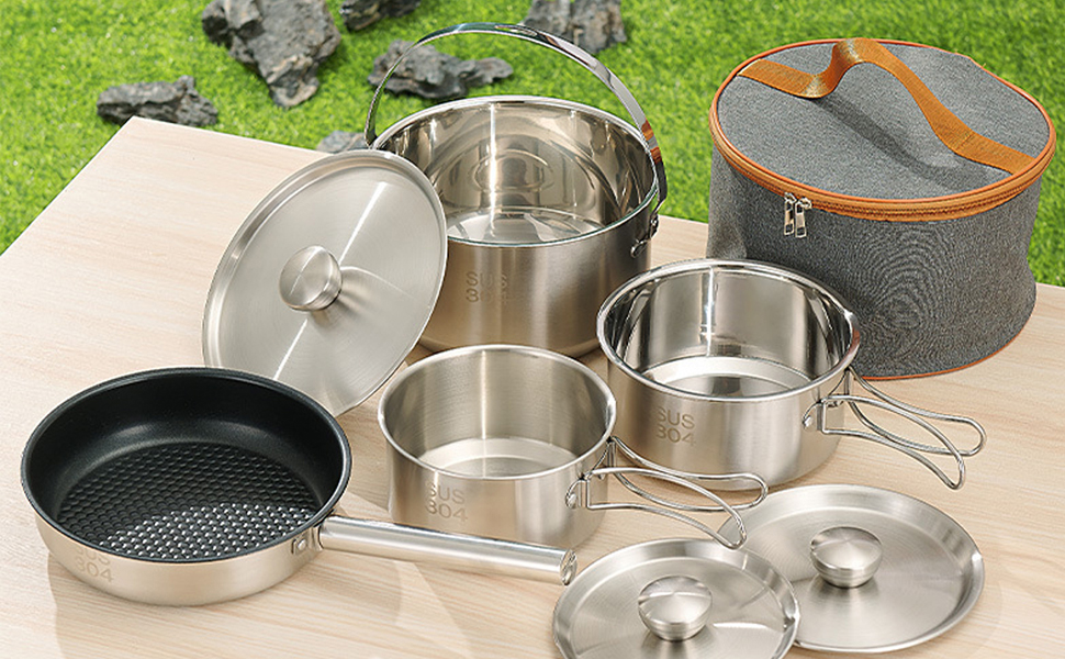 Набір кухонного посуду для кемпінгу, кухонний набір для відпочинку, каструлі та сковорідки для приготування їжі на вогнищі, містить дорожню сумку для 4-6 осіб