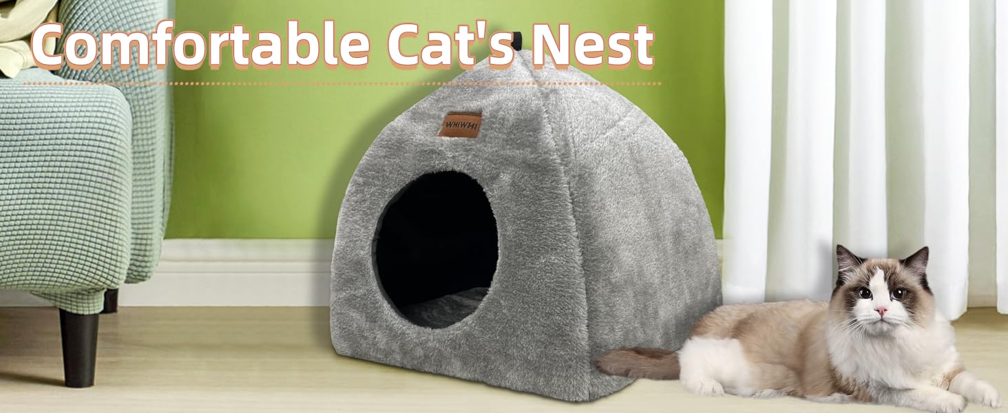 Кішка-будиночок для дому: затишне ліжко-печера для котів з м'яким знімним подушкою, 40x40x35 см, темно-синій