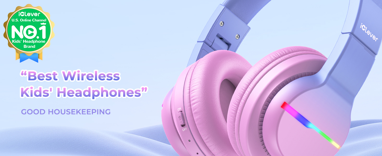 iClever Бездротові навушники для дітей з LED-підсвічуванням, Over-Ear, Bluetooth 5.2, мікрофон, рожевий градієнт, час роботи 85 годин