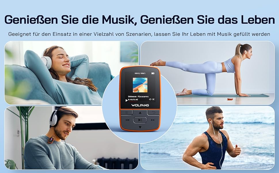 MP3-плеєр WOLFANG 64GB Bluetooth 5.2, помаранчевий: Спорт-кліпса, Hi-Fi радіо, диктофон, навушники в комплекті