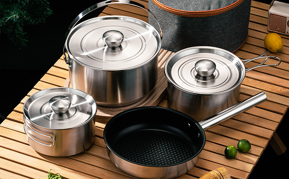 Набір кухонного посуду для кемпінгу, кухонний набір для відпочинку, каструлі та сковорідки для приготування їжі на вогнищі, містить дорожню сумку для 4-6 осіб