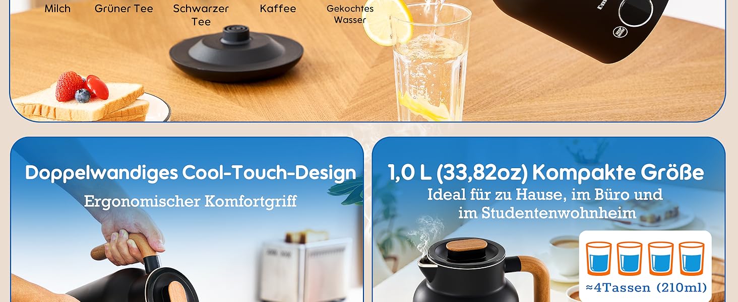 Електричний чайник з регулюванням температури DmofwHi, 1.0л, 1000W, з LED-індикатором, подвійні стінки, без BPA, автоматичне вимкнення та захист від сухого кип'яття (чорний)