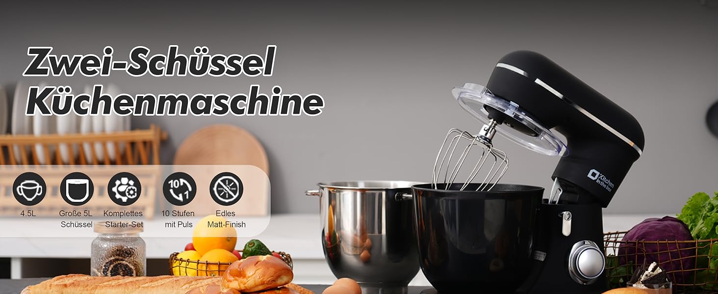 Кухонний комбайн Kitchen in the box, планетарний міксер з чашами 4,5 л та 5 л, 1300 Вт, 10+ швидкостей, з насадками (гак, міксер, вінчик), чорний
