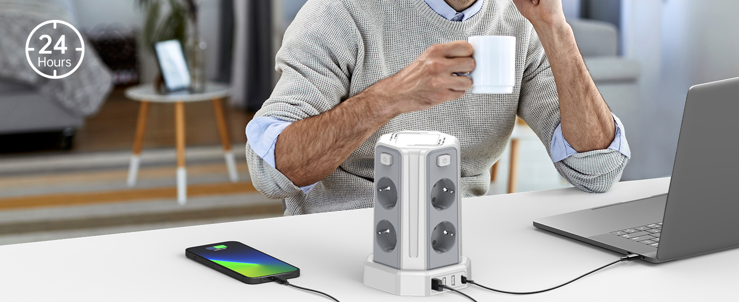 Многорозеткова мережева панель Sameriver з 4 USB, захист від перенапруги, з вимикачем, 8 розеток, 5 м, біла