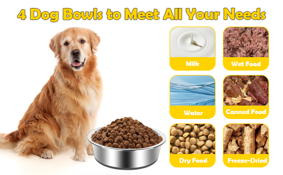 Набір з 4 мисок для собак з нержавіючої сталі, неслизькі миски для корму та води, підходять для собак маленьких, середніх та великих порід
