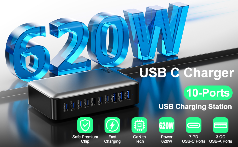 Зарядний пристрій USB-C 620W Gan: 10 портів (7xUSB-C + 3xUSB-A) для швидкої зарядки ноутбуків, iPhone, Samsung Galaxy, MacBook Pro/Air, Dell
