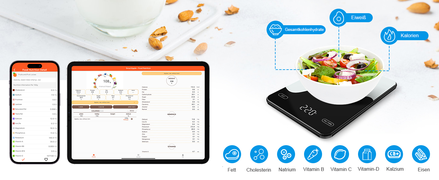 Brifit Kitchen Scale with App - 10kg/1g Digital Food Scale with Calorie Counter, LED Display, Tare Function, USB Rechargeable