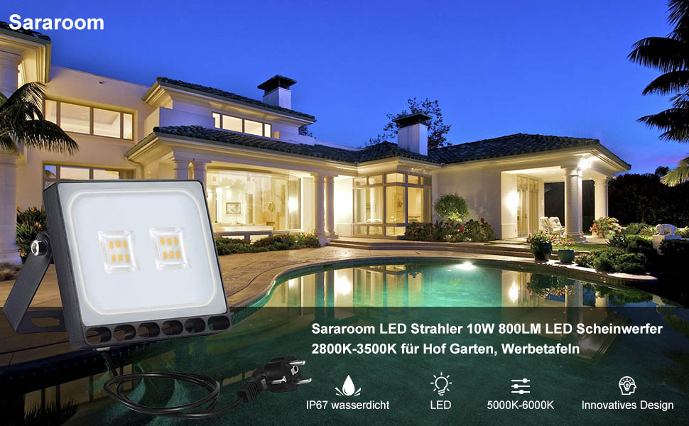 LED прожектор Sararoom для вулиці, 10Вт, 3000K тепле біле світло, 48 LED, 4000Лм, IP65 водостійкий, настінний світильник для саду, двору, гаража, спортмайданчика
