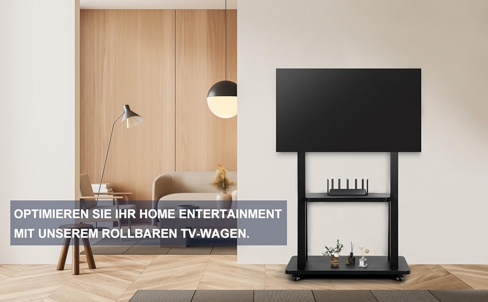 Підставка для телевізора на колесах, мобільний телевізійний візок для 32-75 дюймів LED/LCD/OLED, регульована по висоті, чорна, з полицями для ноутбука та DVD