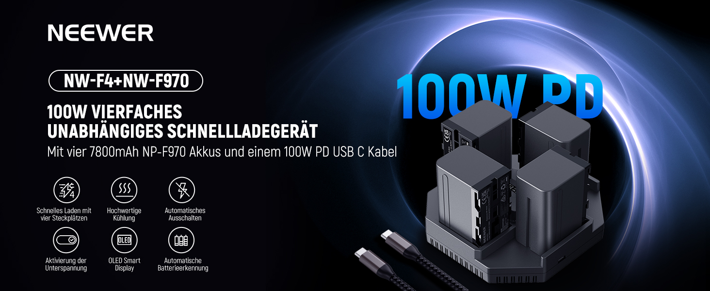 Зарядний пристрій NEEWER Micro USB для акумуляторів Sony NP-F550/F750/F960/F970, NP-FM50/FM70/FM90, QM71D, 91D, NP-F500H/F55H, 4-канальна зарядка з 4 акумуляторами