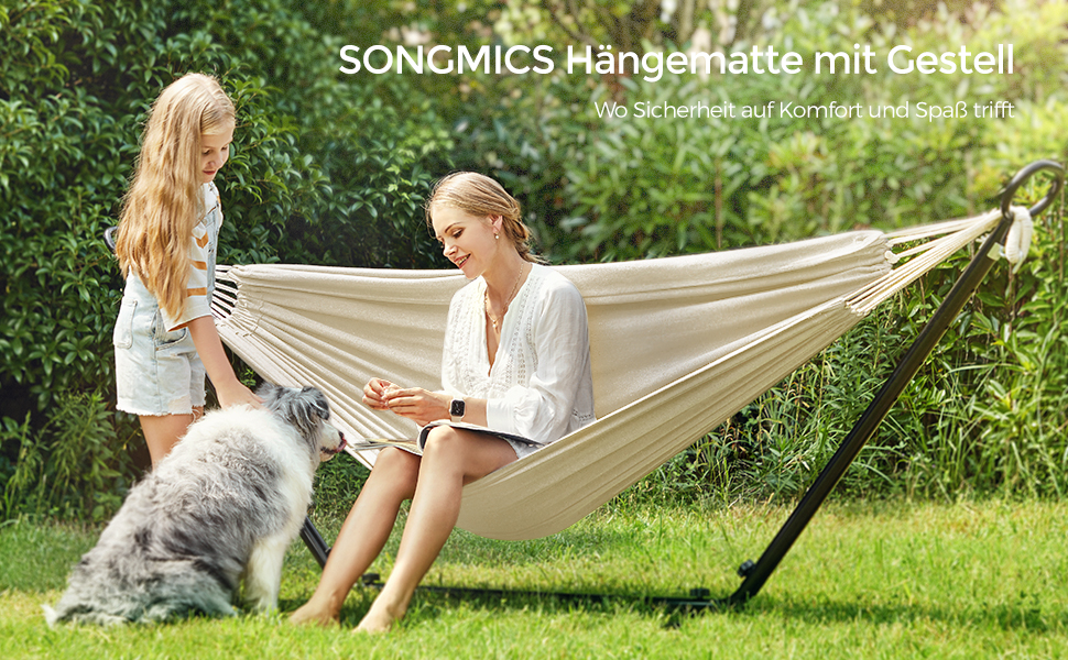 Гамак SONGMICS 210x150 см, регульований, металевий каркас, до 240 кг, для саду, чорний каркас, бежева тканина