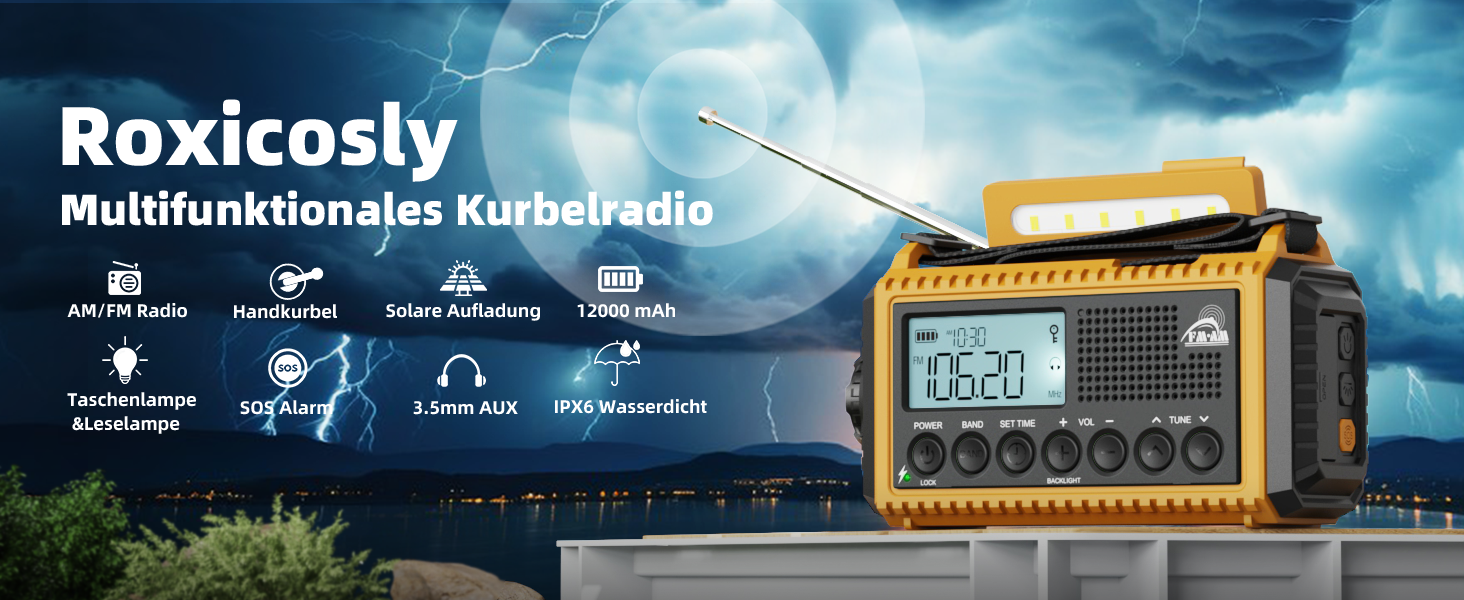 Радіо Kurbelradio 12000 mAh: Сонячне, ручне, аварійне радіо з ліхтариком та USB-зарядкою (Жовтий)