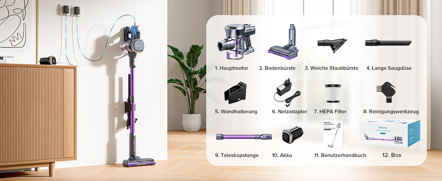 Потужний акумуляторний бездротовий пилосос Lubluelu – 50 хвилин роботи, щітка Anti-Tangle, 2 фільтри, ідеальний для твердих поверхонь, килимів та шерсті тварин, фіолетовий