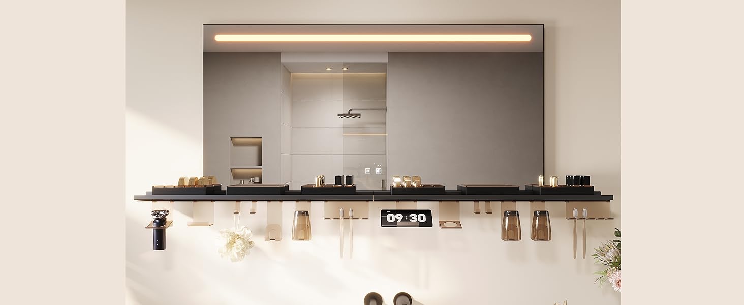 Дзеркало для ванної кімнати SONNI з підсвічуванням 120x60 см, 3 кольори світла, антизапар, годинник, температура, LED, сенсорне управління, білий (полиця 160л, темно-сірий + верхнє світло)