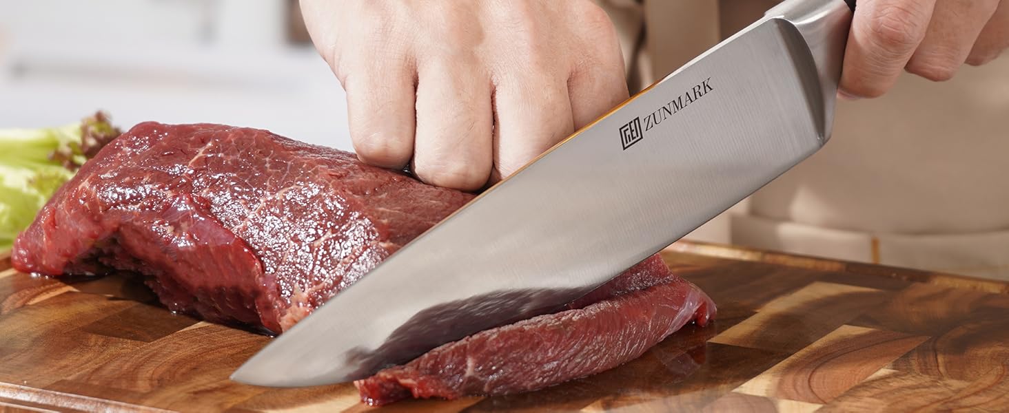 Набір ножів у блоці 13 предметів з нержавіючої сталі з ергономічними ручками, кухонний набір ножів, дерев'яний блок з шкіряним ремінцем