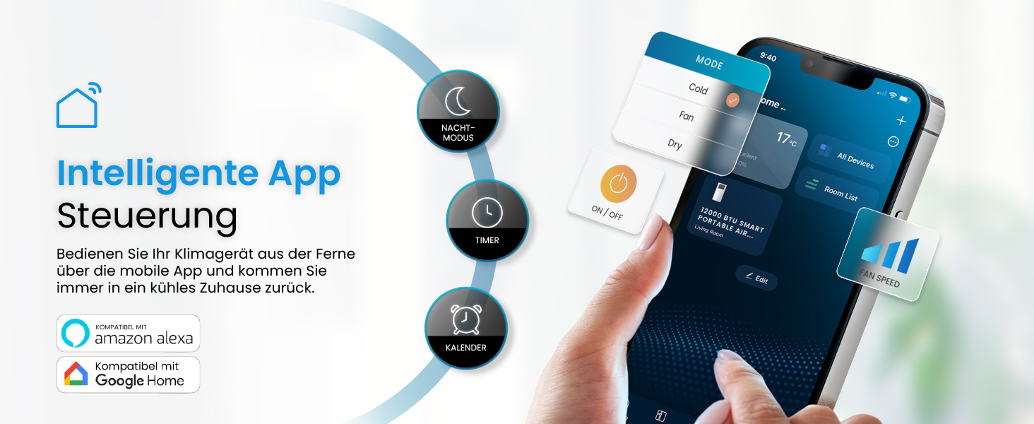 Мобільний кондиціонер Pro Breeze™ 4-в-1: охолоджувач, вентилятор, осушувач повітря, нічний режим, клас енергоефективності A, комплект ущільнювача для вікна, пульт дистанційного керування та таймер 24 години, білий (12000 BTU, Smart App)