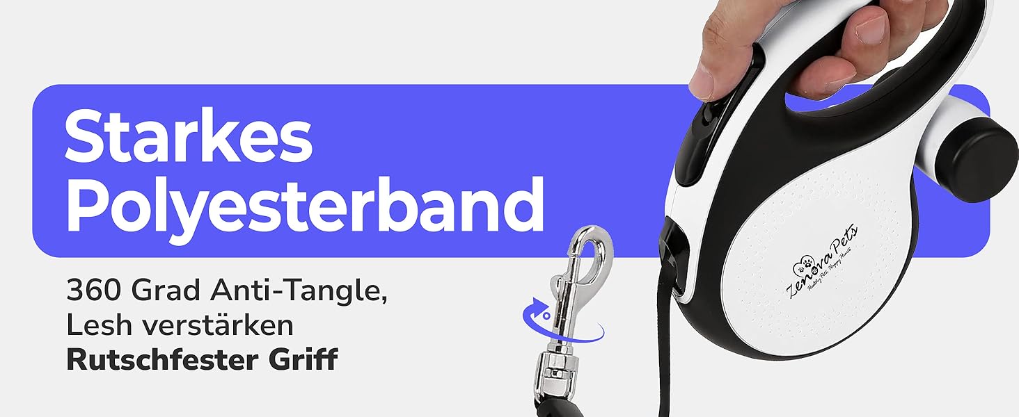 Рулетка для собак 5 м з тримачем для відходів – витяжна повідка для собак будь-якого розміру – повідка з нейлоновою стрічкою 360°, антиковзним руків'ям та кнопкою швидкого гальмування – повідка для собак до 30 кг