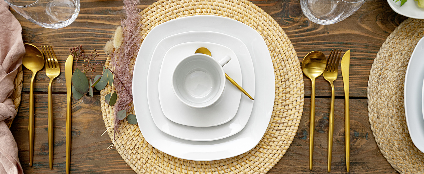 Набір посуду SÄNGER Bilgola, 16 предметів, білий, для 4 осіб. Посуд з порцеляни: тарілки, чашки, миски. Преміум-якість, квадратний дизайн.