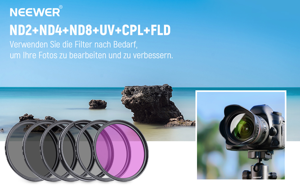 NEEWER Набір фільтрів ND2, ND4, ND8, UV, FLD, CPL 82 мм для об'єктивів + кришка об'єктива та бленда