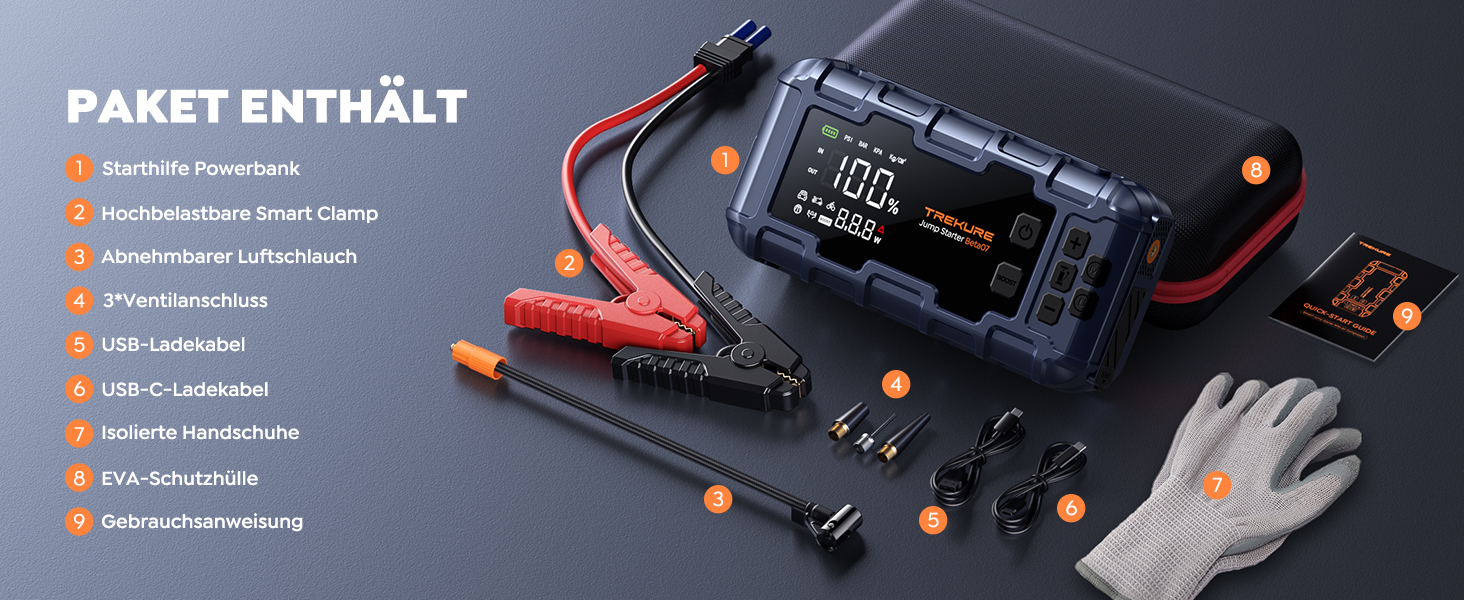 Powerbank TREKURE зі стартером для авто 160PSI, 6500A, PD 45W, LED 600 Lumen, подвійний старт (бензин/дизель до 12.0L)