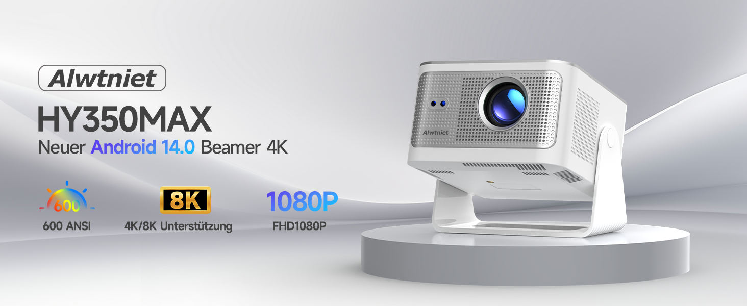 Проектор Alwtniet Mini Beamer 4K 8K з Android 14, WiFi 6, Bluetooth 5.4, Автофокус та Автокорекція, 180° поворот, для домашнього кінотеатру, HY350MAX