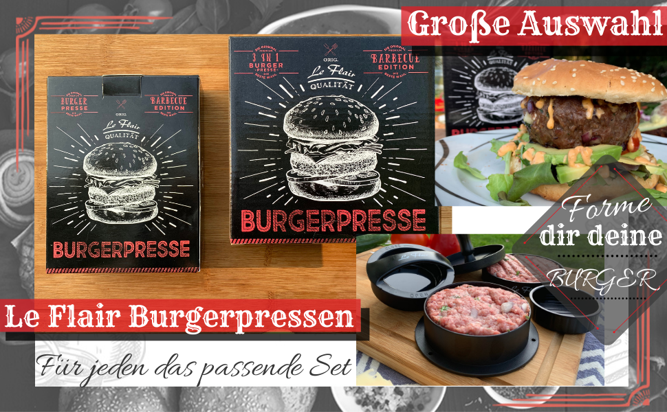 Пресс для бургерів Le Flair® з алюмінію: преміум-якість, з чохлом та 50 аркушами паперу для випікання. Ідеальний подарунок для гриля. Чорний колір.